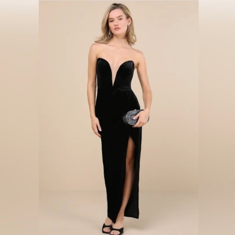 Lulus Maxi Dress Womens Large‎ My Dream Come True Black Velvet Plunge Evening